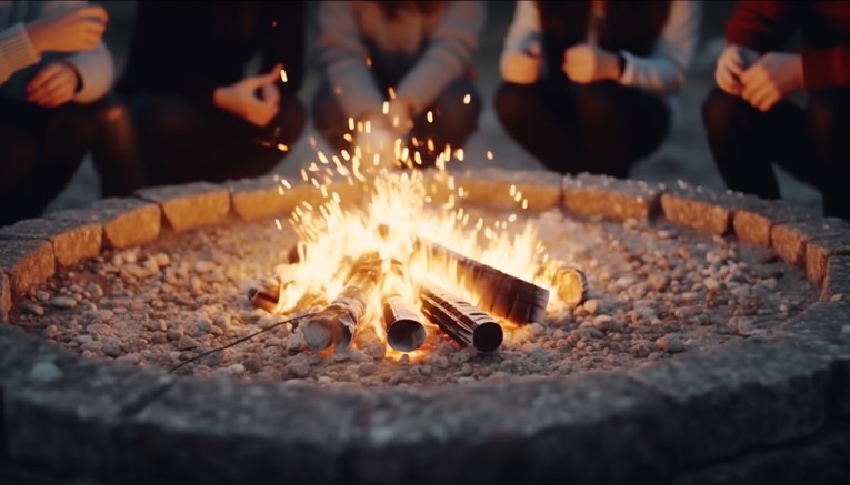 A group of people sitting around a campfire.